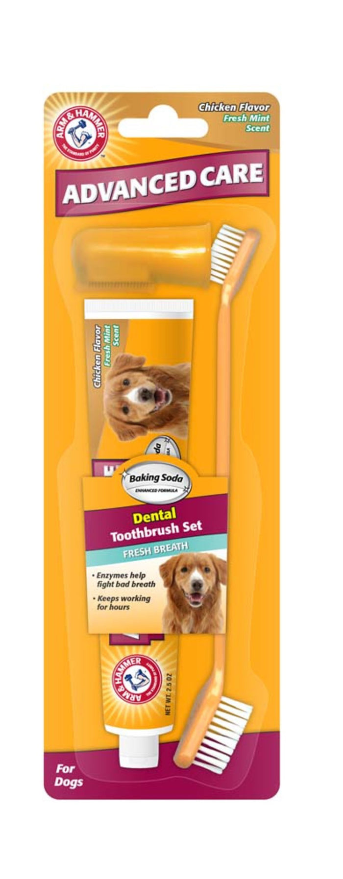 Arm & Hammer Advanced Care Fresh Breath Dental Toothbrush Set for Dogs Chicken Flavor Enzymatic Toothpaste: 2.5 oz